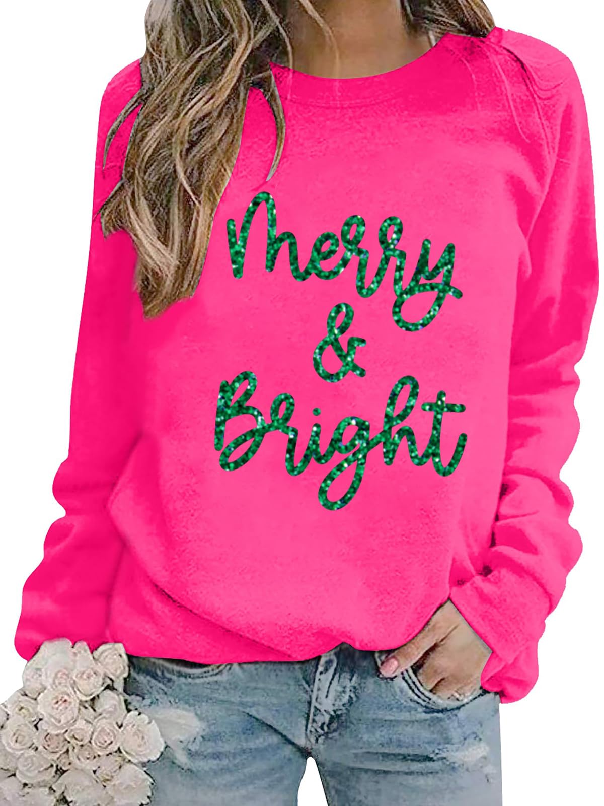 Christmas Sweatshirts Women Merry and Bright Christmas Crewneck Shirts Xmas Holiday Glitter Long Sleeve Pullover Top-image-6