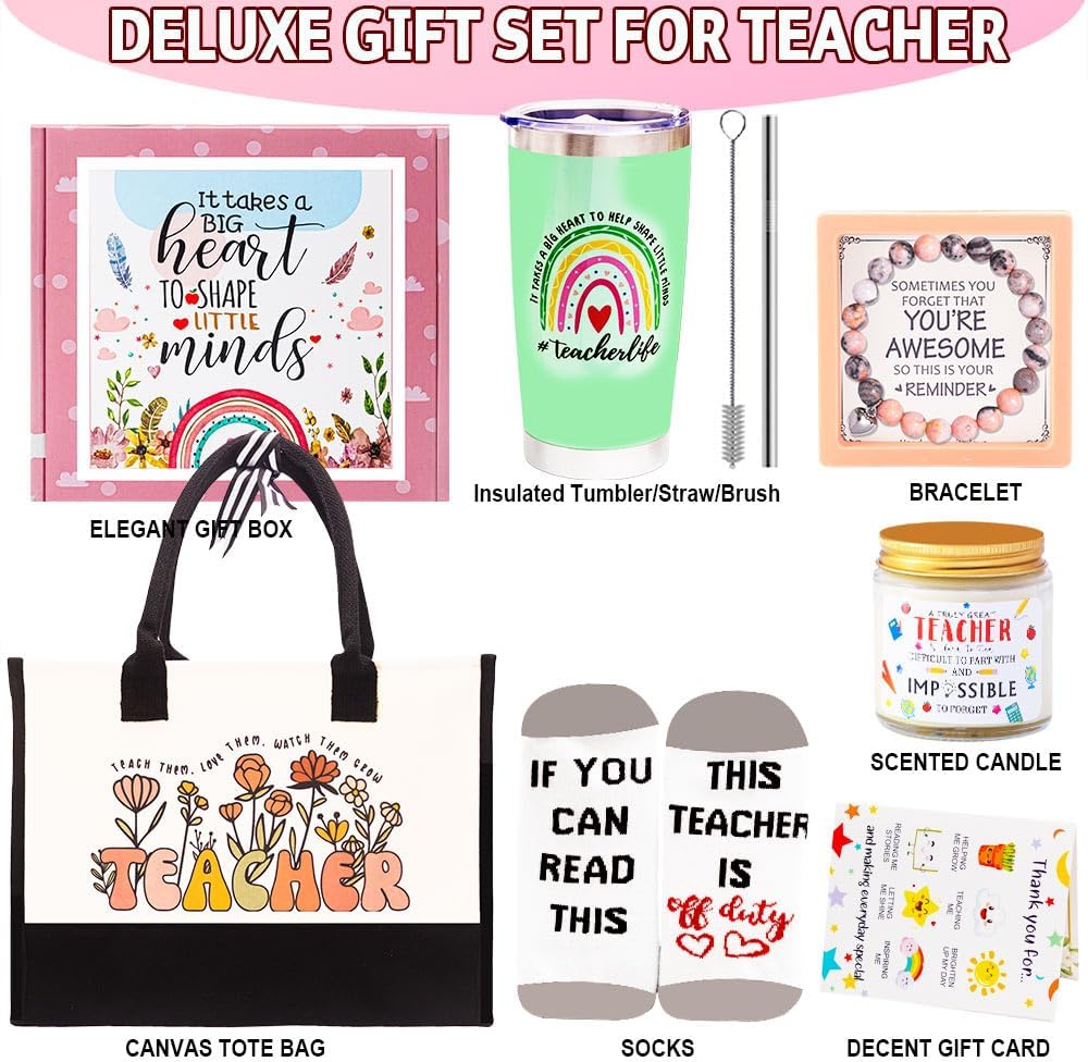 Teacher Appreciation Gift Sets,Teache Appreciation Gif Basket for Women, Back to School Git, Christmas Gif for Teache - Tumbler, Keychain,Teache Pouch Bag, Socks, Cards from Students… (Mint)