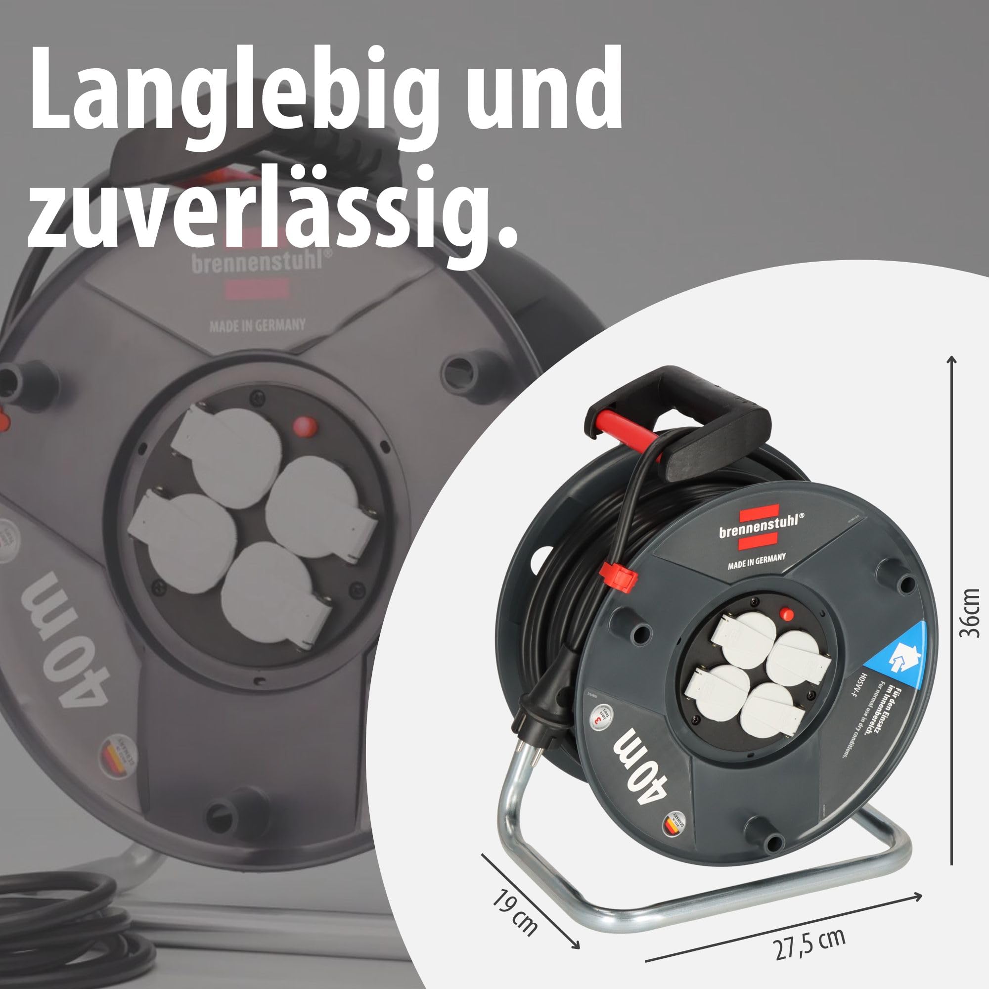 Brennenstuhl Garant V2 Kabeltrommel 40m Kabel (Made in Germany, 4 Schutzkontakt-Steckdosen, Überhitzungsschutz, Trommelkörper aus Spezialkunststoff)