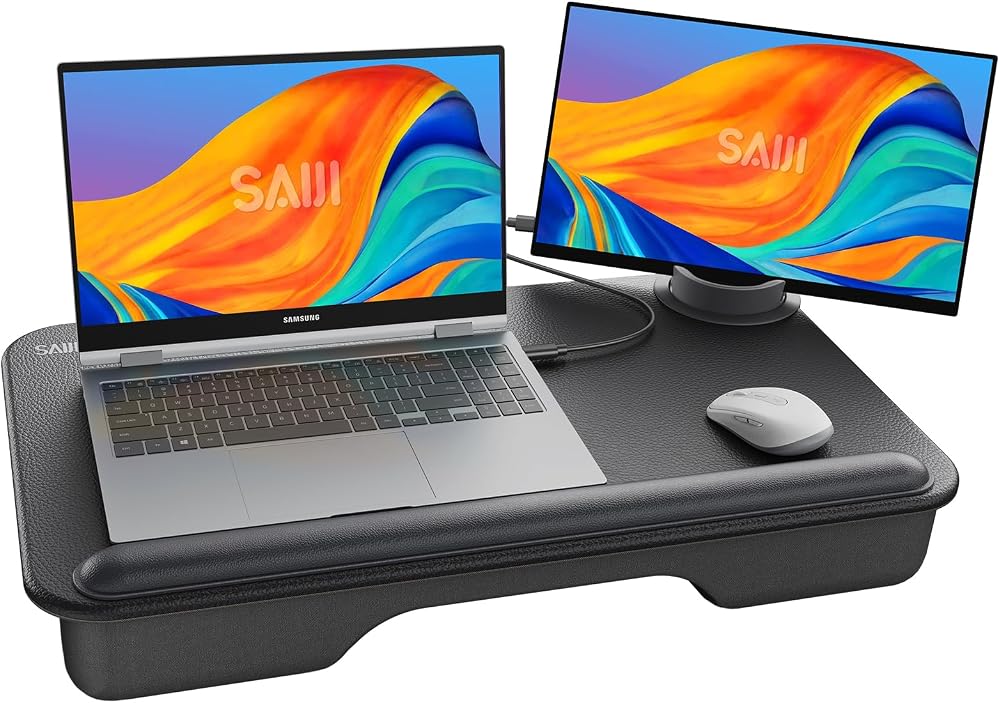 SAIJI Laptop Lap Desk with External Monitor Holder Fits Up to 17" Laptops | Lightweight Lap Tray Table Stand with Soft Leather Wrist Pad, Lap Desk with Cushion for Home Office Working/Gaming On Couch