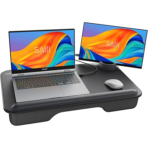 SAIJI Laptop Lap Desk - Fits Up to 17" Laptops, Lightweight Lap Tray Table Stand with Soft Leather Wrist Pad, External Monitor Holder, Lap Desk with Cushion for Home Office Working/Gaming On Couch