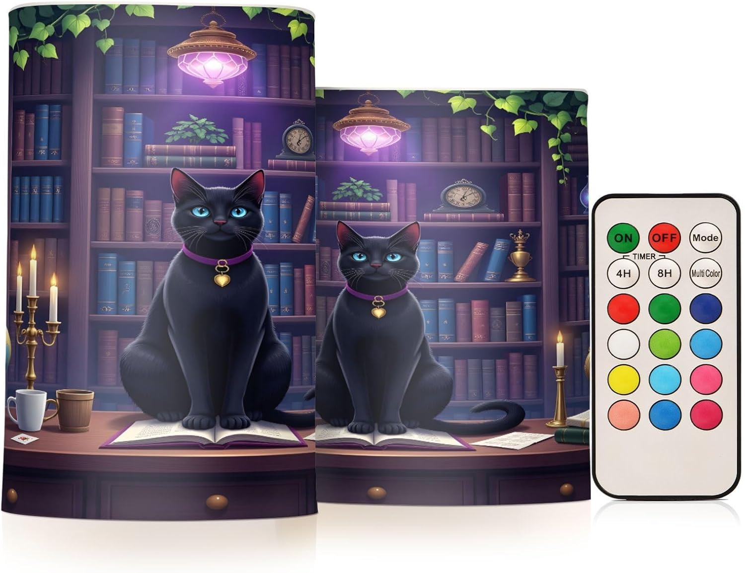 panksolu Flickering Flameless Candles, Bookshelf Black Cat LED Candles with Remote Timer, Battery Operated Candle for Wedding Halloween Christmas Decor - Set of 2
