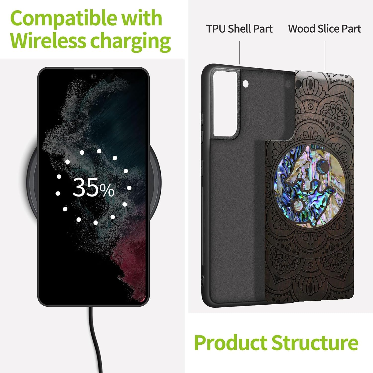 Carveit Designer Wooden Cover for Samsung Galaxy S22 Plus Case [Wood Engraving & Shell Inlay] Compatible with Wireless Chargers Galaxy S22 Plus (Shell Yin Yang Wolf-Blackwood)
