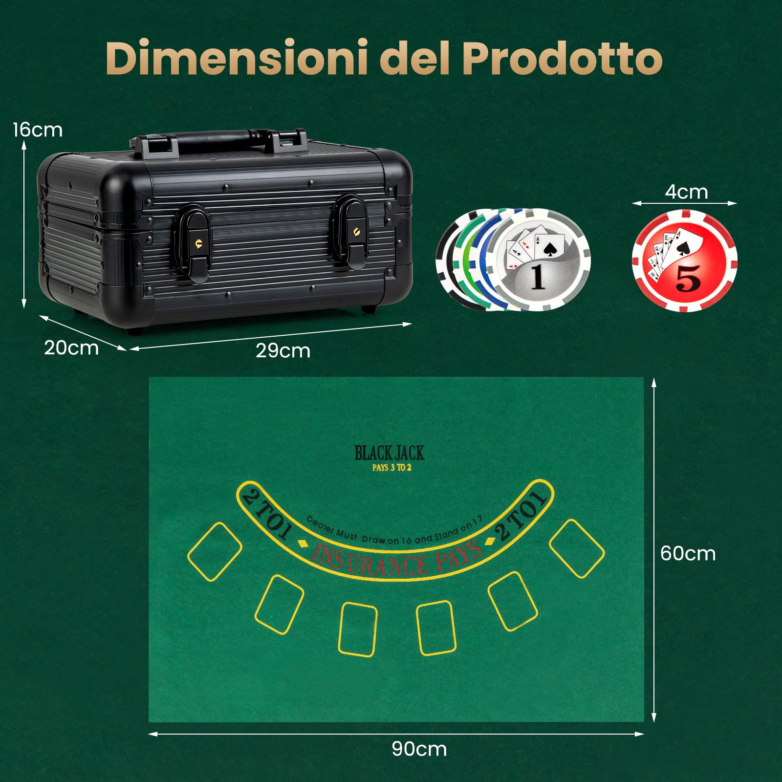 COSTWAY Set da Poker Completo con 300 Finches e 2 Mazzi di Poker, Valigetta in Alluminio a 2 Chiavi con Tappetino e Bottone Dealer, Fish Poker per Texas Holdem e Blackjack