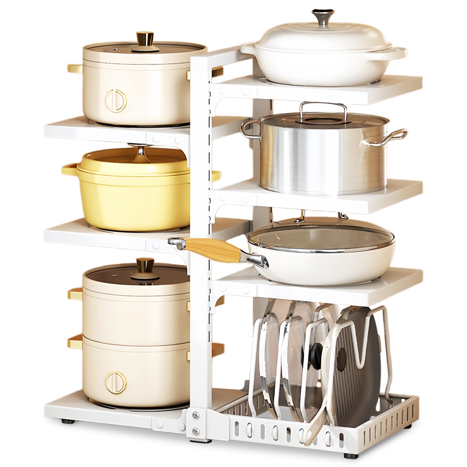7-Tier Pots and Pans Organiser, Heavy Duty Adjustable Rack for Pots and Lids, Kitchen Storage & Organisation, Rust-Proof, Dual-Sided Pan Stand for Kitchen Cupboard, Counter and Cabinet Storage (White)
