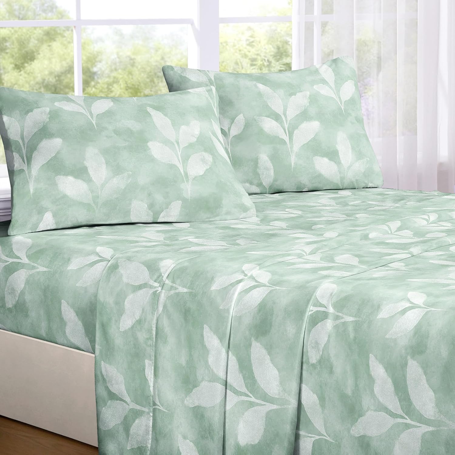 Wake In Cloud - Floral Bed Sheets, 4-Piece Sheet Set, Botanical Flower Shabby Chic Leaves Pattern Printed Farmhouse Vintage Aesthetic Bedding, Deep Pocket, Sage Green, King Size