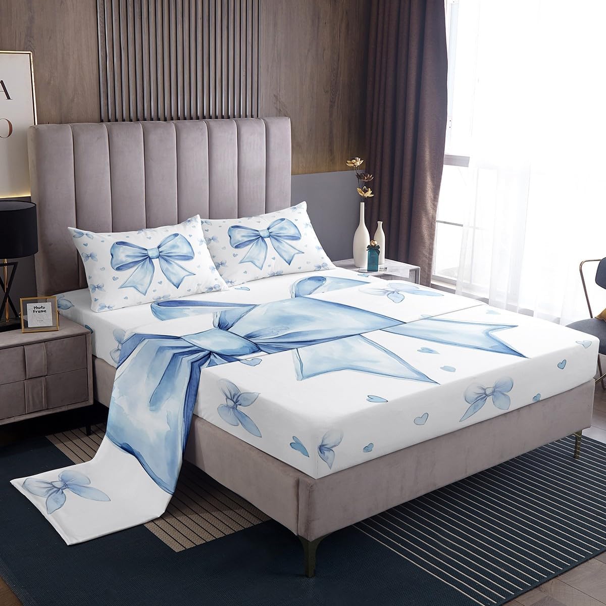 Erosebridal Cute Blue Bowknot Bedding Set Queen Size for Kids Girls Teen Women,Kawaii Dreamy Bow Bed Sheets Princess Style Blue White Heart Decor Sheet Set Soft Breathable Bed Sheet Set 4 Piece