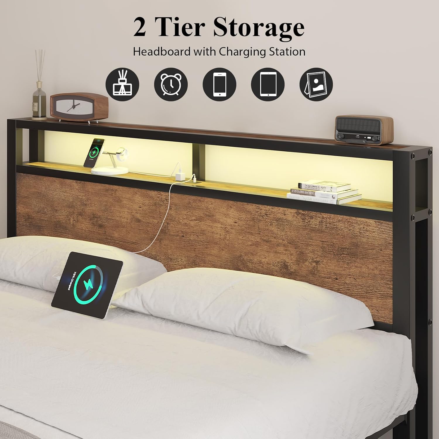 Headboard with two tiers of storage space, illustrating items like a phone, alarm clock, and books.