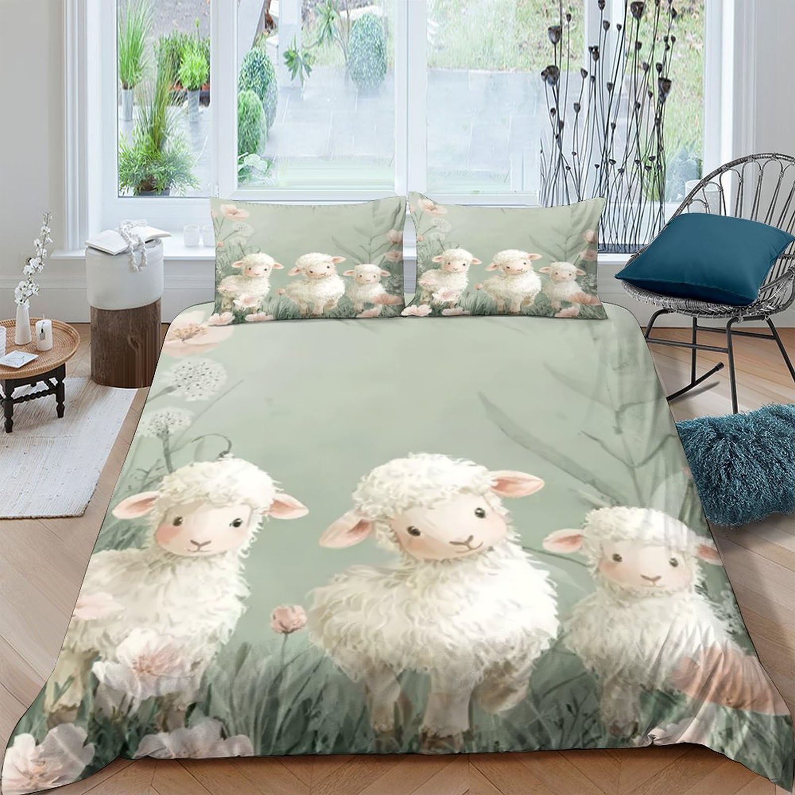 GPLZQXKJNH 3D Printed Lamb Pasture Duvet Cover Microfiber Soft Breathable Sheep Meadow Bedding Set with 2 Pillowcases for Bedroom Decor Single（135x200cm）