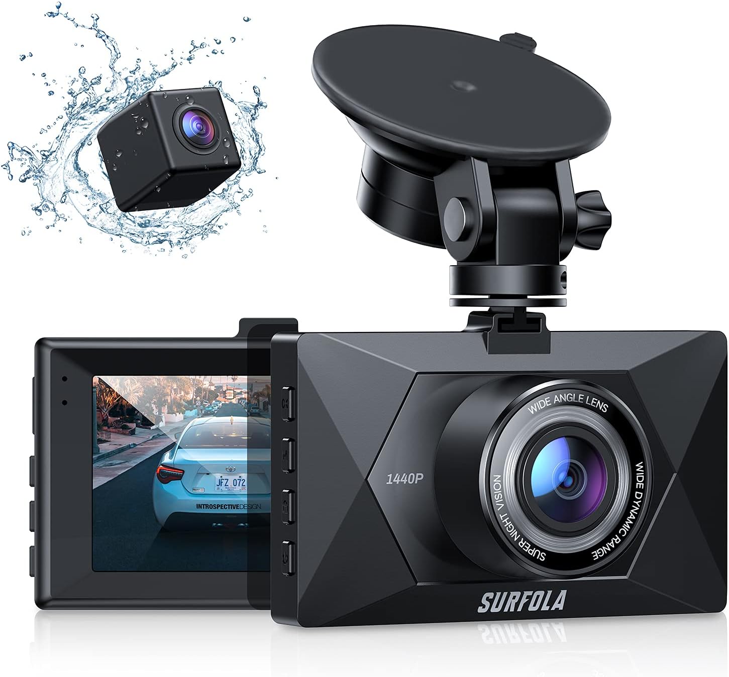 Mini Dash Cam - Front and Rear 2K Surfola Dual Car Camera 2560x1440P, 3" inch IPS Screen, 170° Wide Angle, Parking Mode, WDR, Accident Record