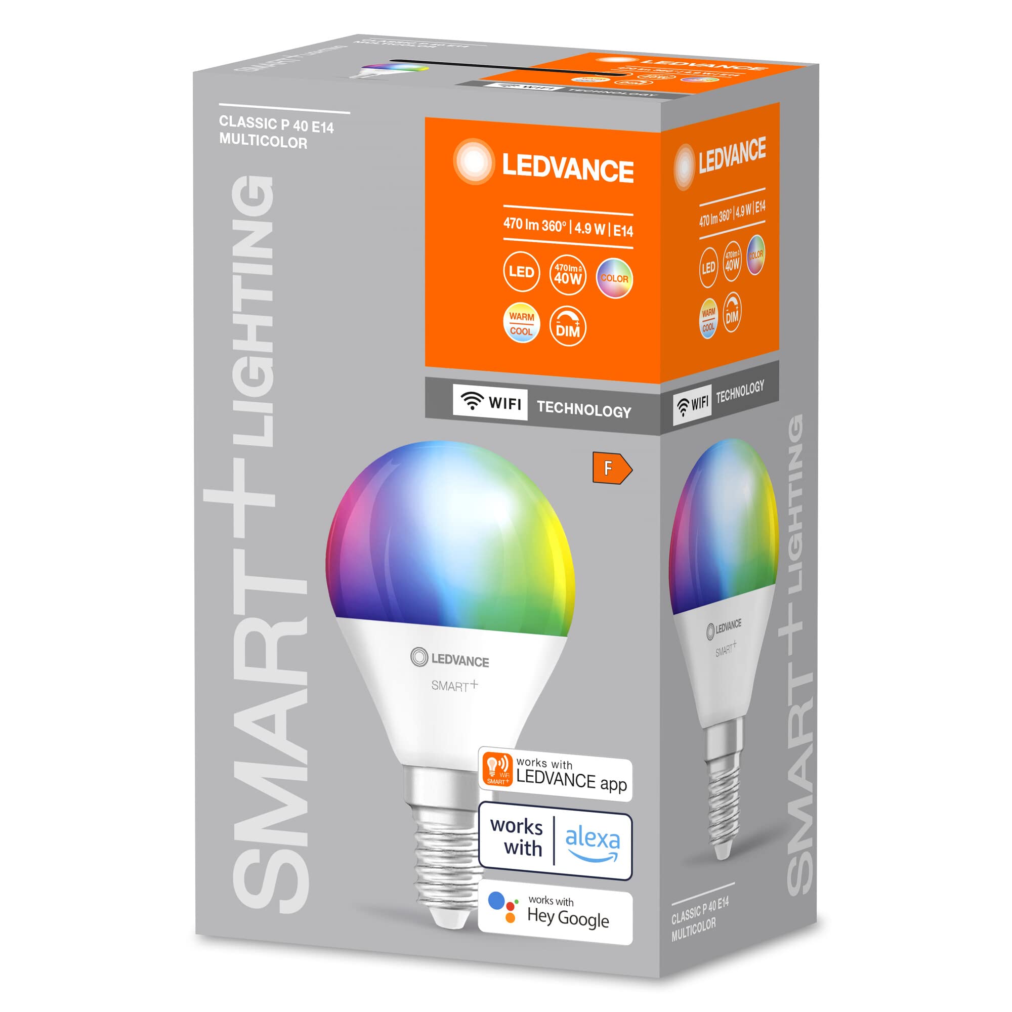 LEDVANCE SMART+ WIFI LED lamp, frosted look, 4.9W, 470lm, classic round shape (Classic P), E14 base, color light & white light, app or voice control, life of up to 20,000 HR, paquete de 4