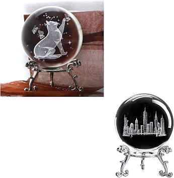 ZEERSHEE 60mm 3D Cat Crystal Ball Glass and 3D Laser Engraved American Landmarks Crystal Ball