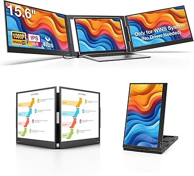 QQH Laptop Screen Extender, 15.6" 1080P Triple Portable Monitor Extender with Ultra-Slim Full HD IPS Display, USB-C Plug and Play Travel Dual Monitor for 12"-16" Laptops Windows Only