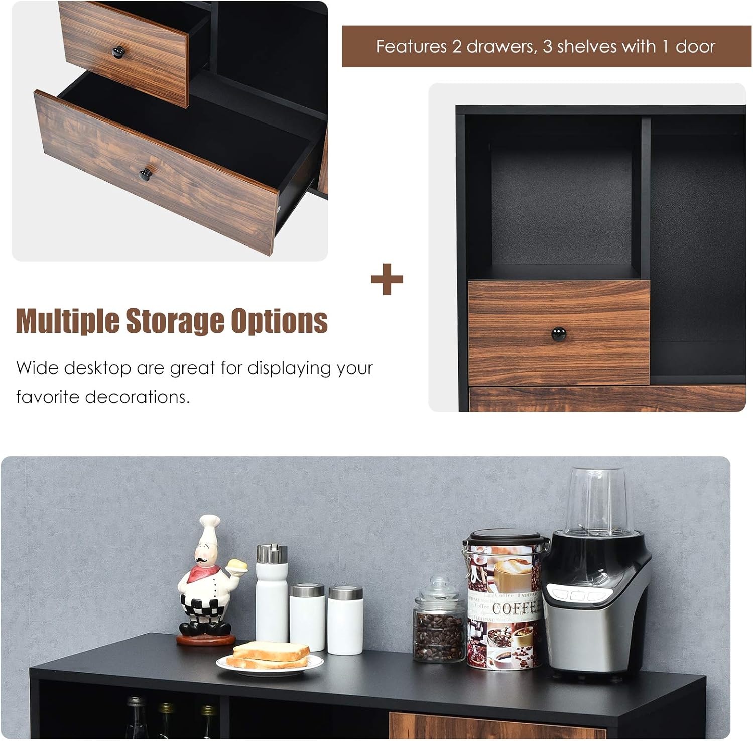 Giantex Mobile Filing Cabinet 2 Drawers, Large Storage Cabinet, Printer Stand on Wheels, Wood Lateral Industrial File Organizer with Open Shelves for Home and Office Use(Black+Brown, 4 Wheels)