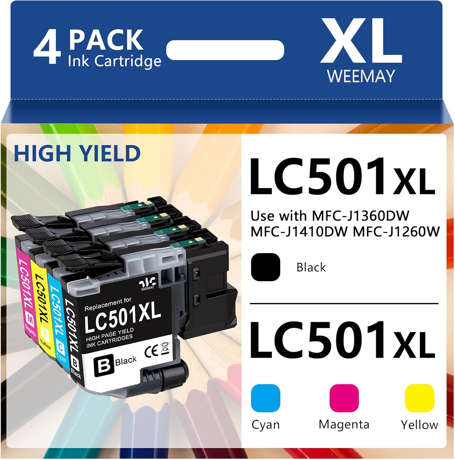 Weemay LC501XL LC501 XL Ink Cartridges (4-Pack,2,000 Pages) Compatible for Brother LC501 Ink Cartridge LC501XL for Brother MFC-J1360DW Ink MFC-J1260W MFC-J1410DW Printer (Black,Cyan,Yellow,Magenta)