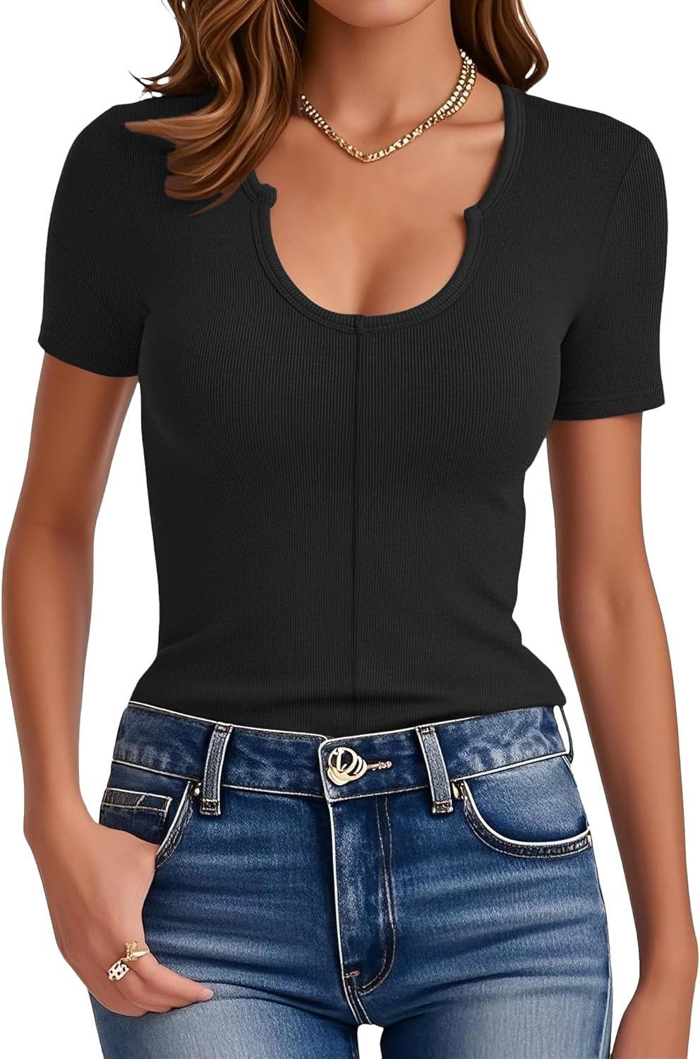 Prettywear Womens Short Sleeve T-Shirts Scoop Neck Ribbed Slim Fitted Top Summer Casual Basic Tee