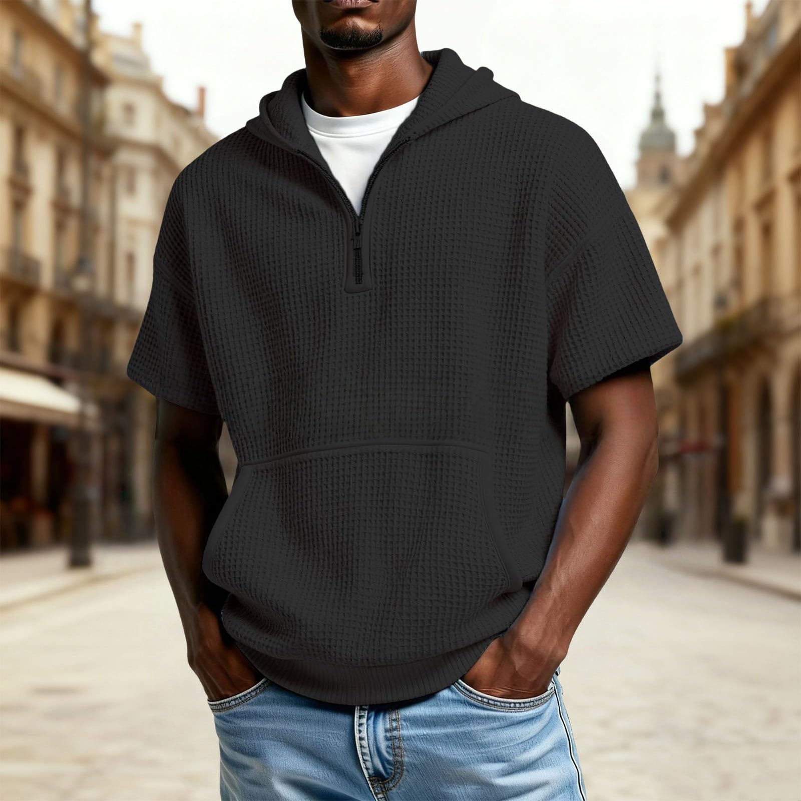 Camisa Sin Mangas Hombre Sudadera con Capucha para Hombre, De Punto Cremallera Un Y Manga Larga Bolsillo (Black, XL) Camiseta Ropa Verano Moda Gym Proteccion UV Impermeable Chaqueta