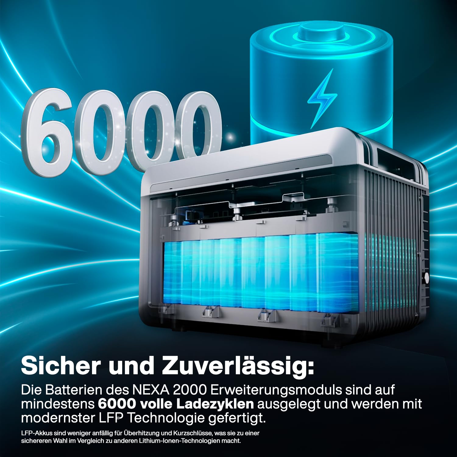 Internal view of Growatt NEXA 2000 battery showing LiFePO4 cells and 6000+ cycles
