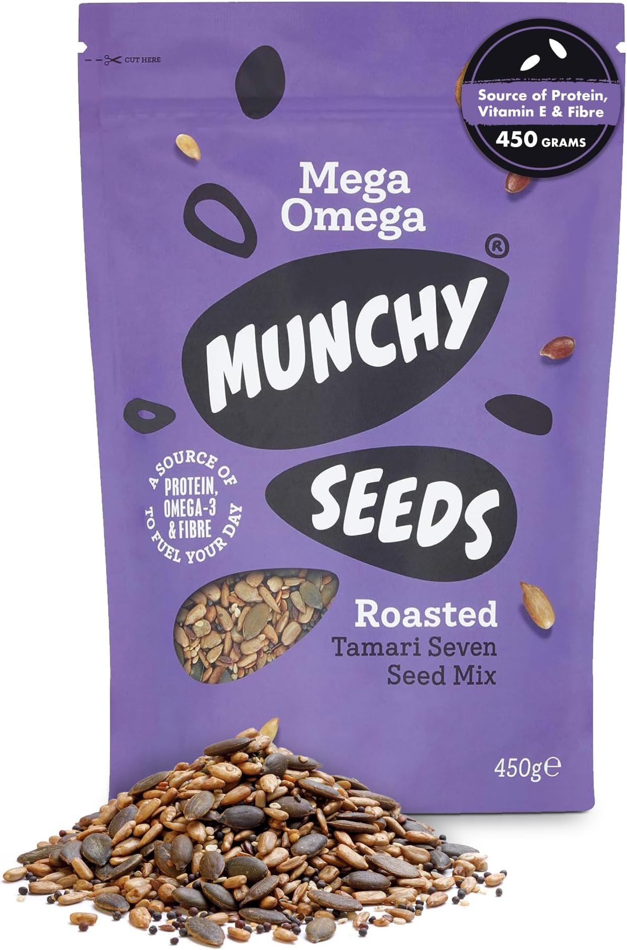 Mega Omega, 7-Seed Mix with Sunflower, Pumpkin, and Hemp, Protein Snack, Plant-Based Fibre & Vitamin E, Gluten & Wheat Free, Vegan Snacks for Kids & Adults -Mega Pack, 450g