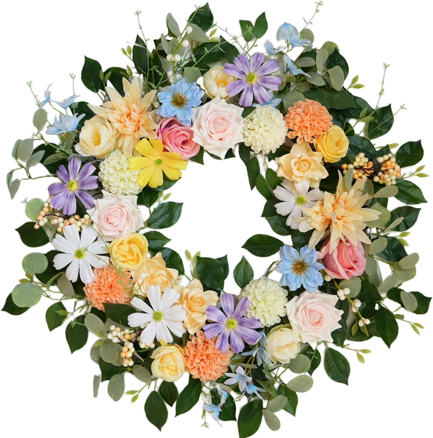 Spring Wreaths for Front Door,Summer Wreath with Rose and Dahlia Flowers,24 Inch Floral Door Wreath for All Seasons Outside Outdoor Indoor Wall Wedding Holiday Home Farmhouse Decor