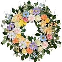 Spring Wreaths for Front Door,Summer Wreath with Rose and Dahlia Flowers,24 Inch Floral Door Wreath for All Seasons Outside Outdoor Indoor Wall Wedding Holiday Home Farmhouse Decor