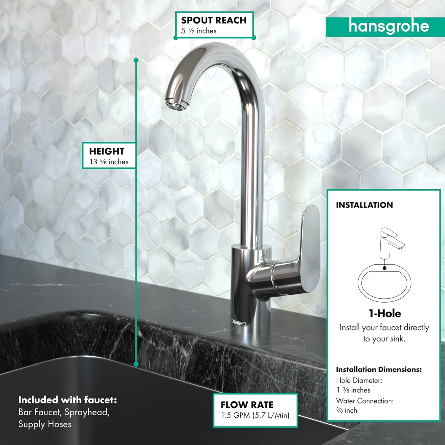 hansgrohe Focus Black Bar Kitchen Faucet, Bar Sink Faucet Single Hole, Faucet for Kitchen Sink, Brushed Black Chrome 04507341, 1.5