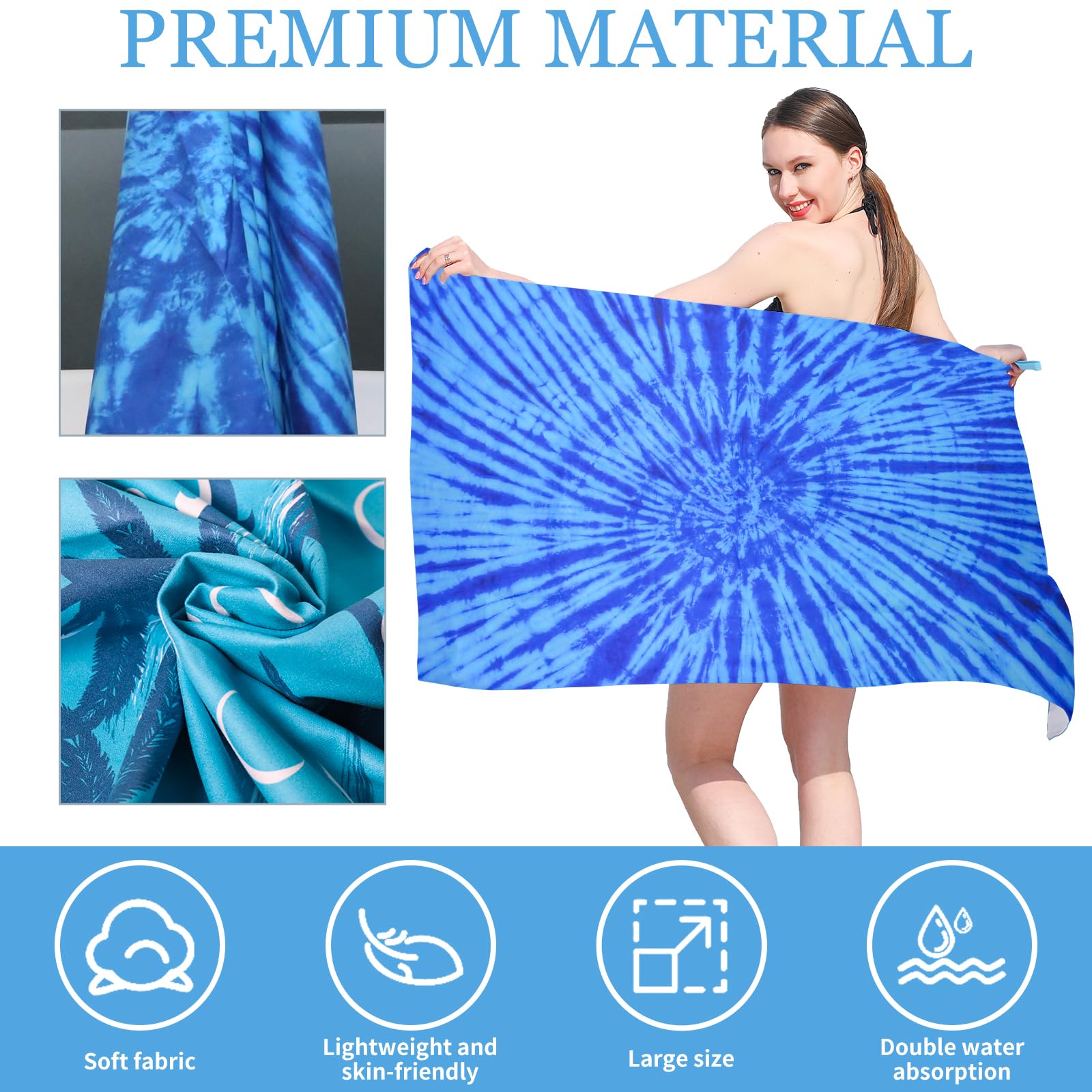 TMEOG Telo Mare Microfibra 180x80cm Telo Spiaggia Antisabbia Asciugatura Rapida Asciugamano Mare Leggero Salviettone Coperta Mare Sottile da Viaggio Piscina per Donna Uomo(Blu batik)