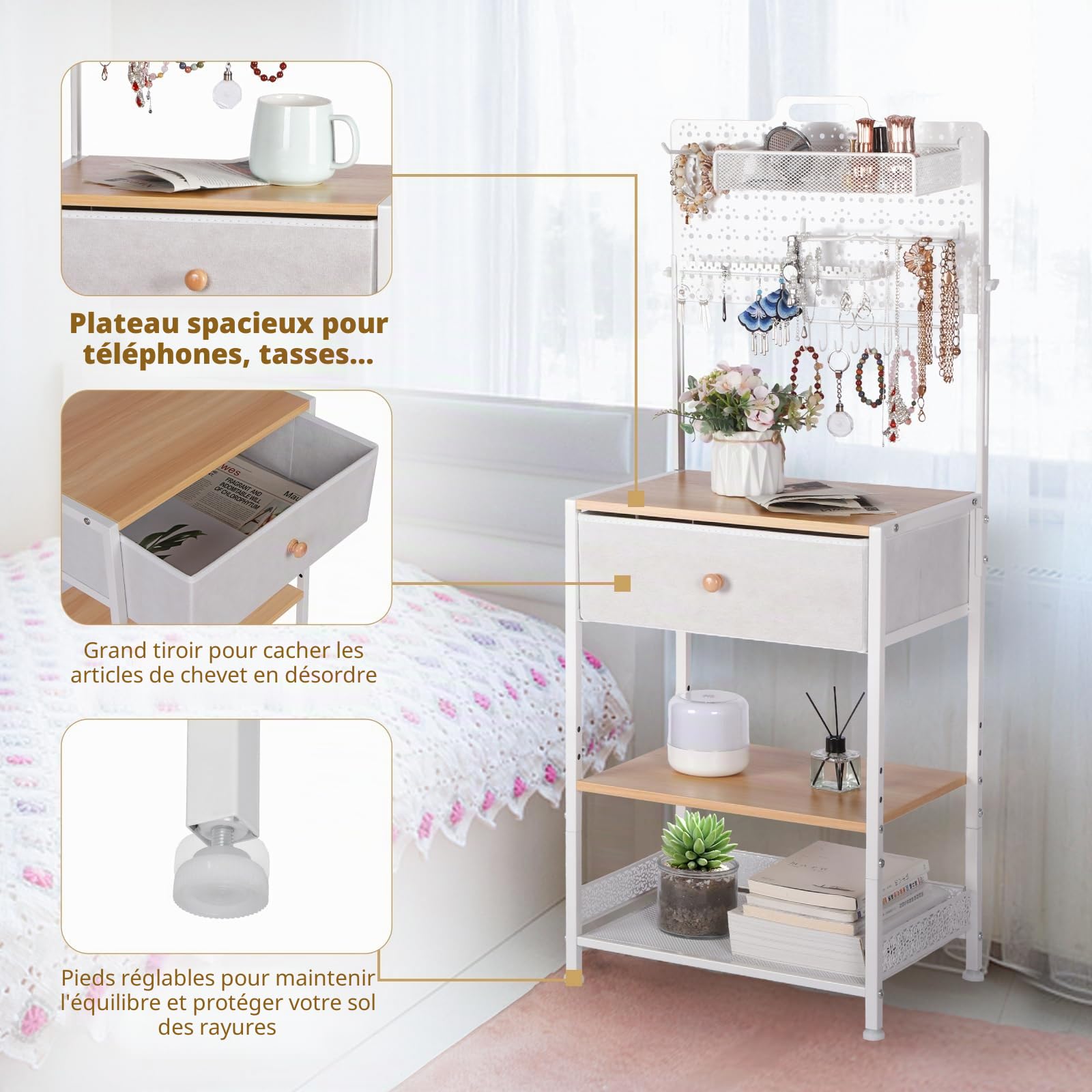 HYCFYJR Table de Chevet avec Porte Bijoux, Table de Nuit avec Tiroir en Tissu, Moderne Chevet de Lit, Bout de Canape pour Chambre, Salon, Naturel Blanc