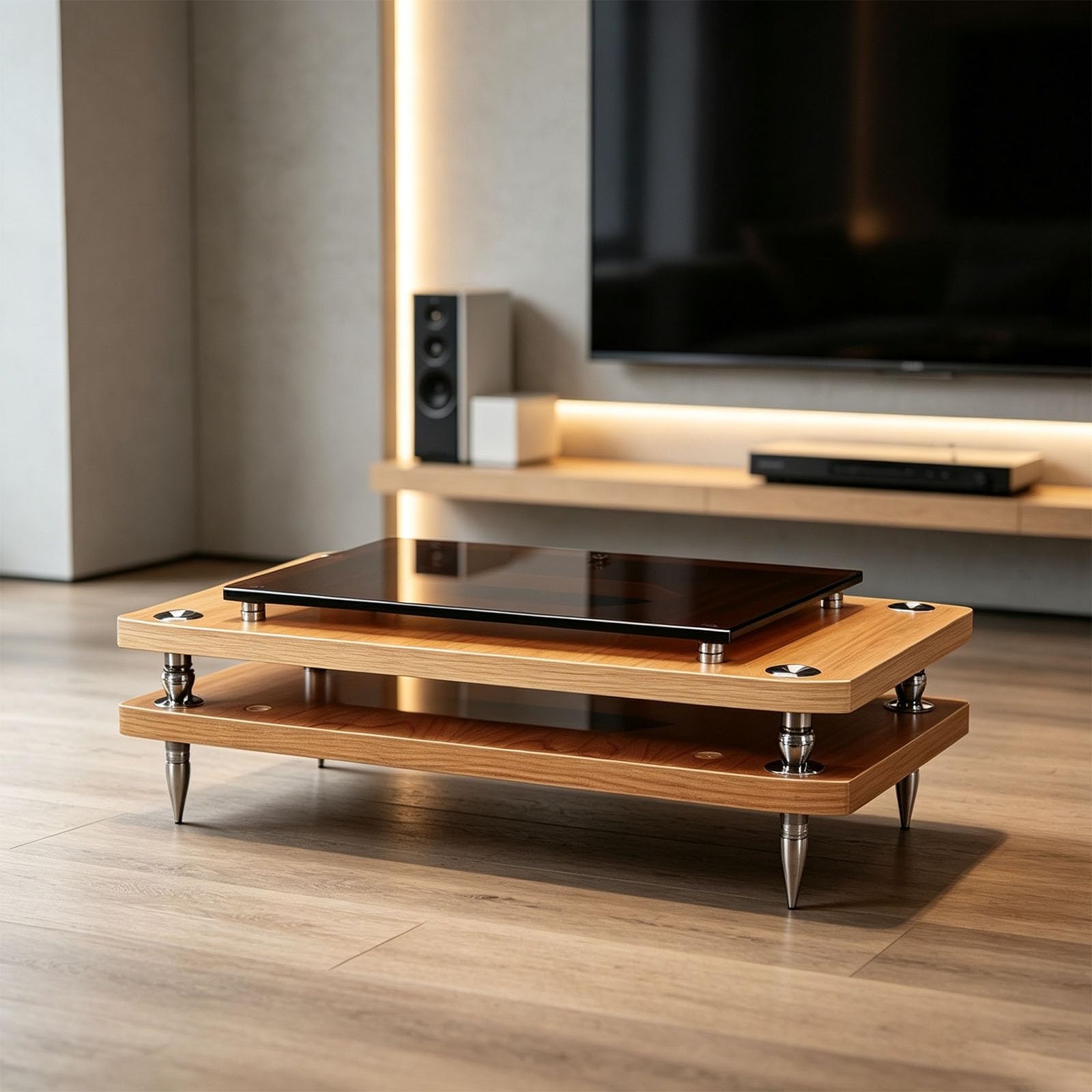 Mueble de audio high-end con cristal templado y baldas de madera