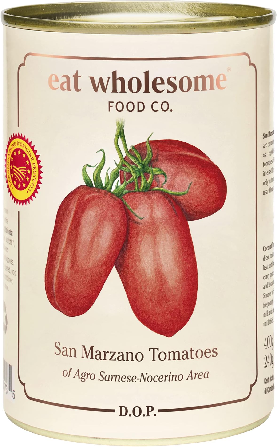 Eat Wholesome San Marzano Tomatoes DOP, 400g (Pack of 12) - Naturally Sweet, Perfect for Pasta Sauces, Pizza Sauces & More, Vegan, Non-BPA Lining