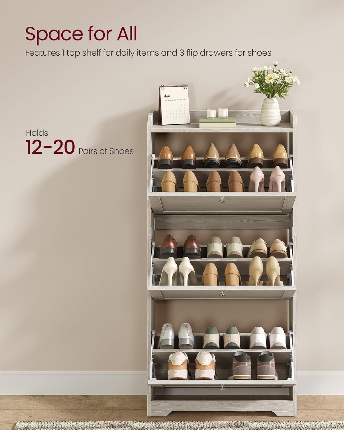 VASAGLE Shoe Cabinet with 3 Flip Drawers, Shoe Organizer, Adjustable and Removable Dividers, Holds 12-20 Pairs, Entryway, 9.4 x 23.6 x 47.7 Inches, Oatmeal Beige ULBC036LN02S