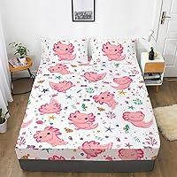 Vista 2 de Juego de Sábanas de Cama Individual para Niñas con Diseño de Axolotl Rosa - Ropa de Cama 3D Kawaii de Océano - Juego de Sábanas de Microfibra Super