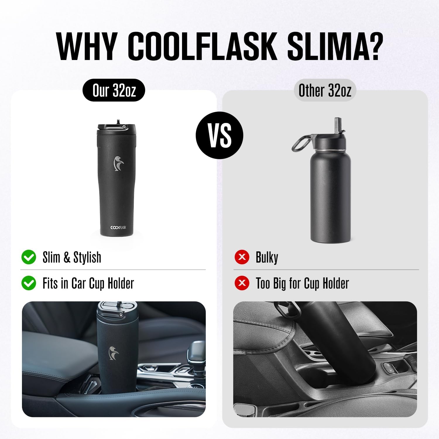 Coolflask Water Bottle 32 oz Fits Car Cup Holder, Slim Tumbler Stainless Steel with Straw & Handle, Vacuum Flask Leakproof Wide Mouth for Travel Sports Gym, Black - Image 2