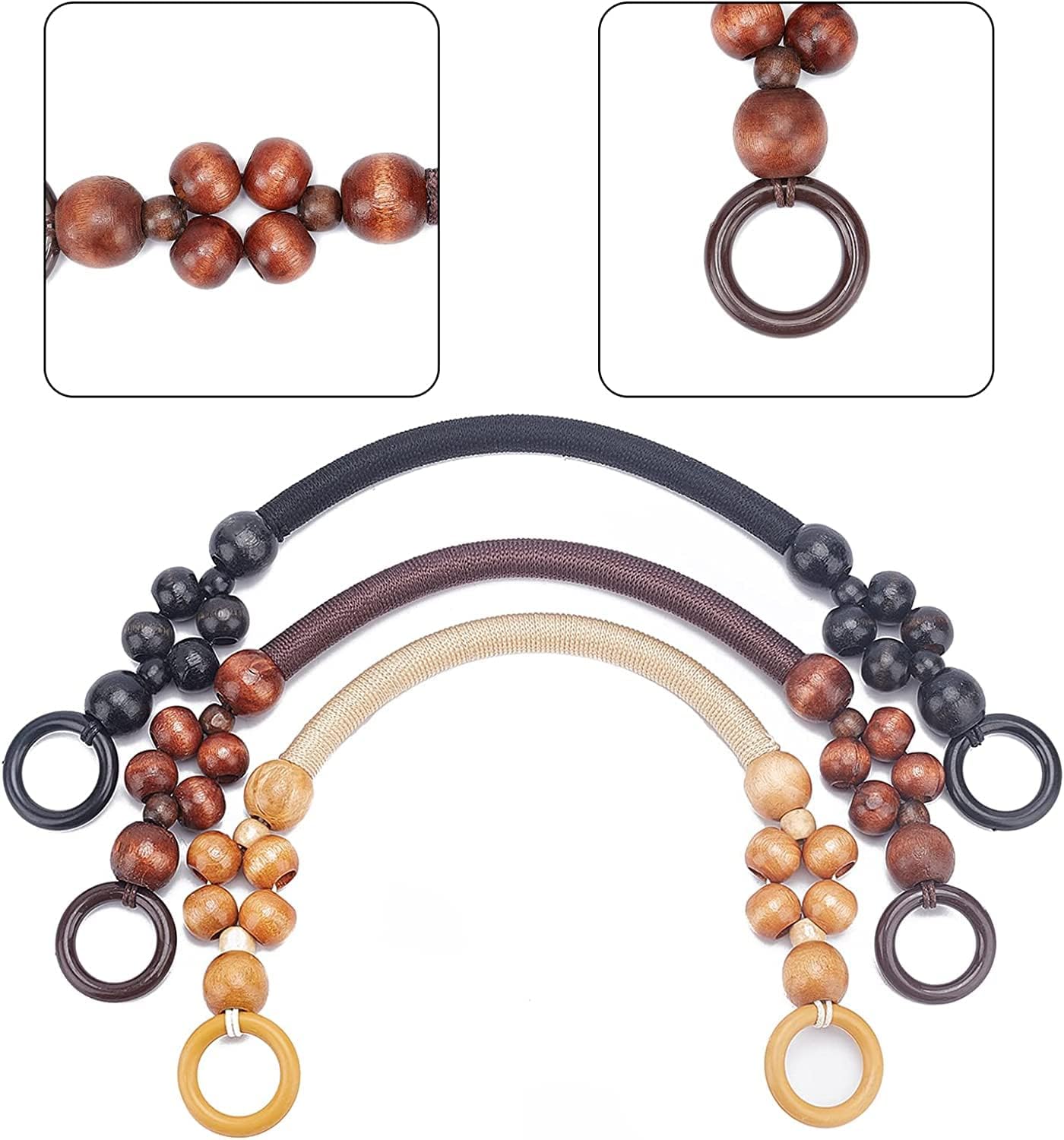 PH PandaHall 6pcs Wooden Beaded Bag Handles, 3 Colors Purse Handles Nylon Rope Purse Straps Replacement Bag Handles U-Shape Purse Handles for Bag Making Shoulder Bag Handbag DIY Crochet Bag, 18 Inch - Image 7