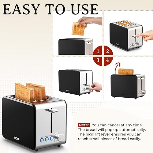 Miniatura 8 de YIOU Tostadora de 2 rebanadas, tostadora de 2 rebanadas de acero inoxidable de 1.5 pulgadas, ranuras extra anchas de 1.5 pulgadas, 6 ajustes de