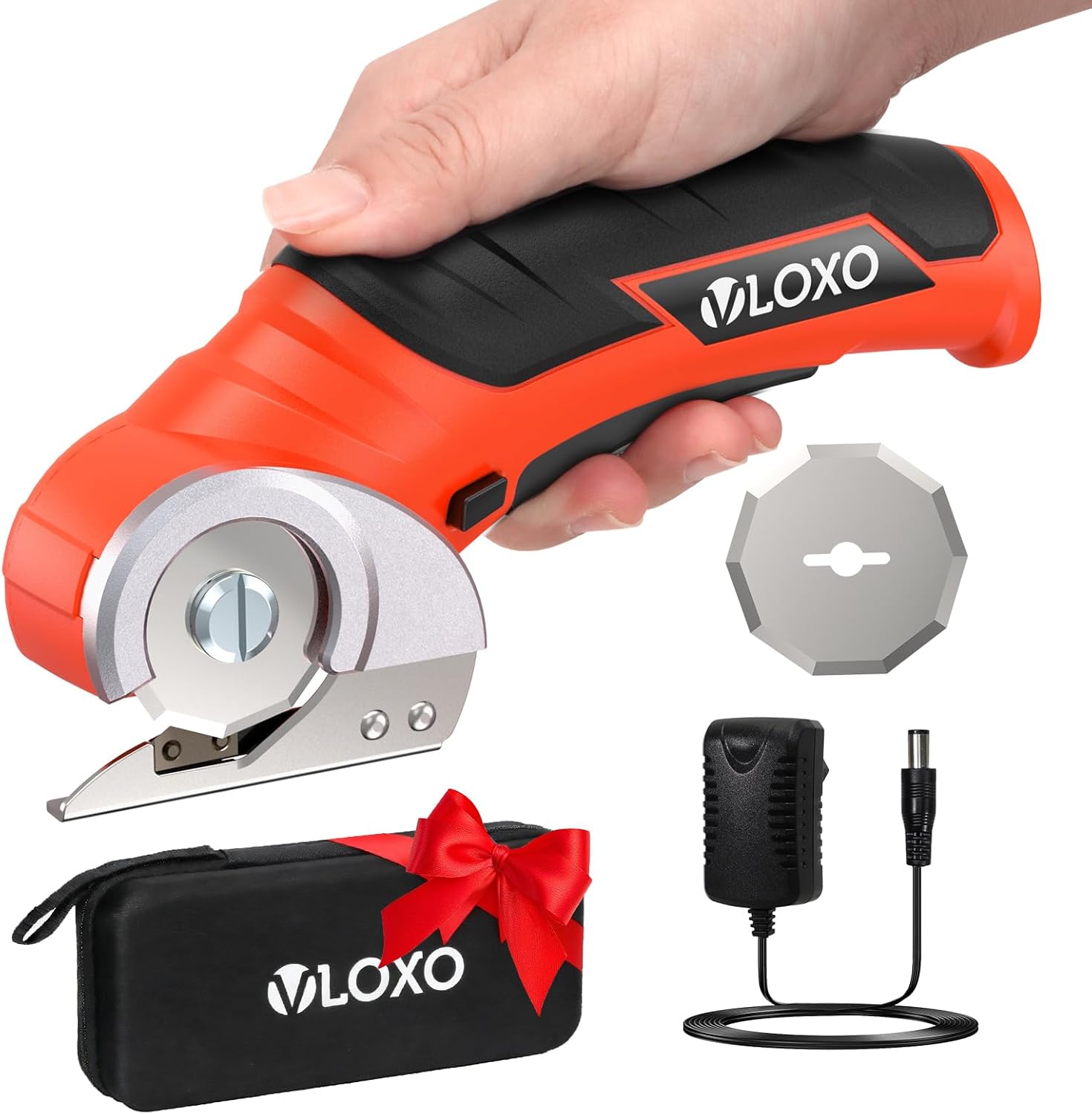 VLOXO Electric Scissors, Cordless Cardboard Cutter Power Box Cutter with Safety Lock, Multi-Cutting Tools for Cardboard, Rechargeable Mini Scissors for Plastic Leather Canvas with Storage Box Orange