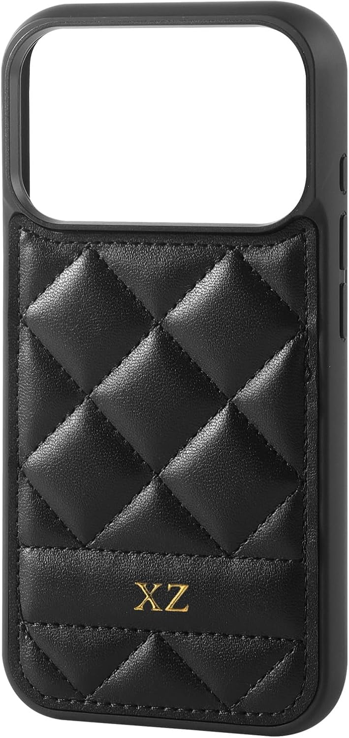Luxury Personalized Gold Initial, Puffer Vegan Leather Case for iPhone 17 16 15 Pro Max, for iPhone 14 13 12 11 Pro Max, Custom Monogram (Black)