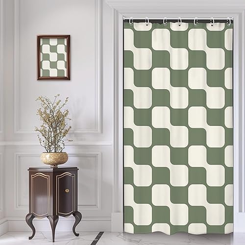 Miniatura 13 de Cinbloo Cortina de ducha retro verde salvia a cuadros de 72 pulgadas de ancho x 72 pulgadas de alto, abstracto, Y2K, lindo tablero de ajedrez beige,