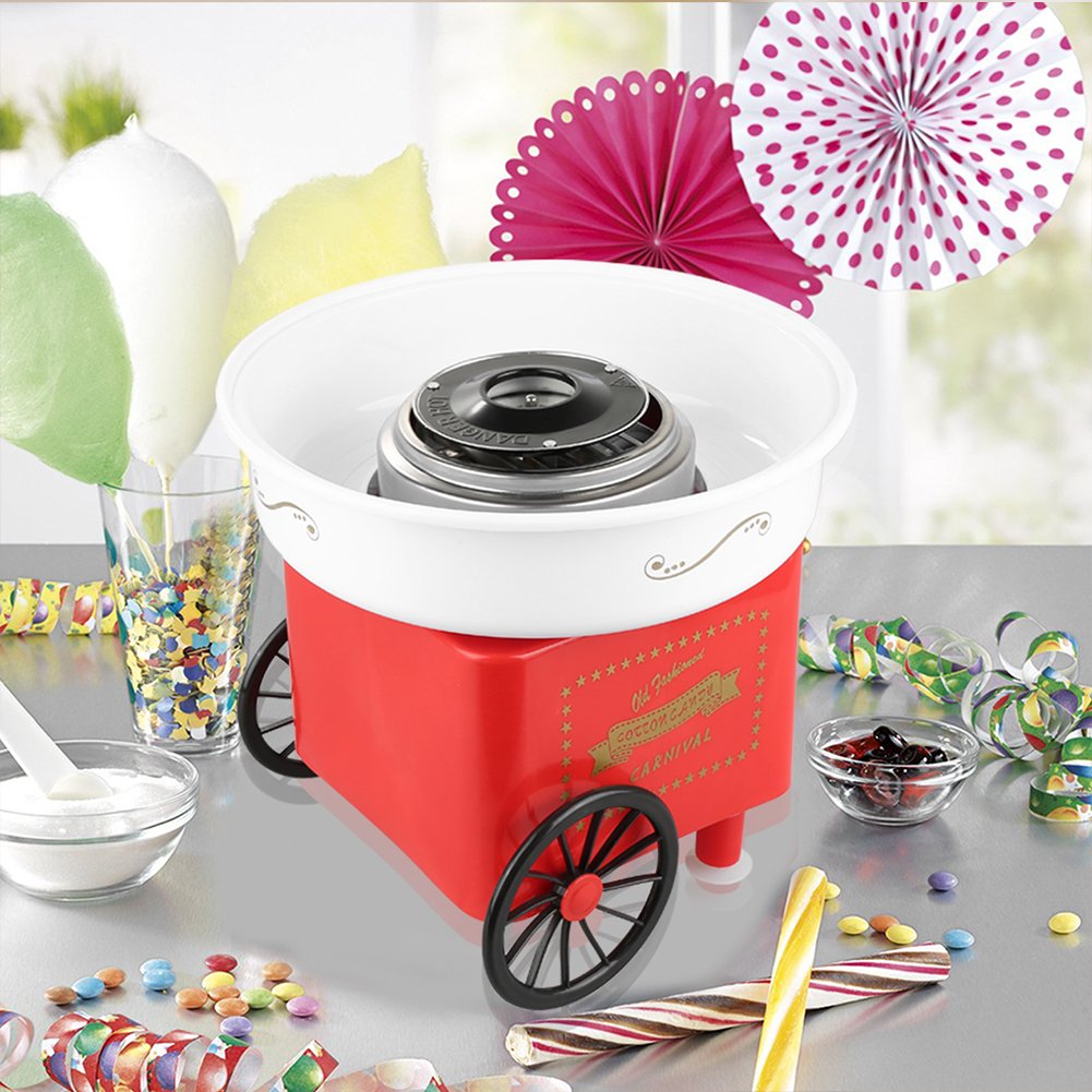 Máquina de algodón de azúcar, algodón de azúcar para niños, máquina de algodón de azúcar con palillos y cucharas medidoras, para cumpleaños infantiles (mini máquina de malvavisco retro roja)