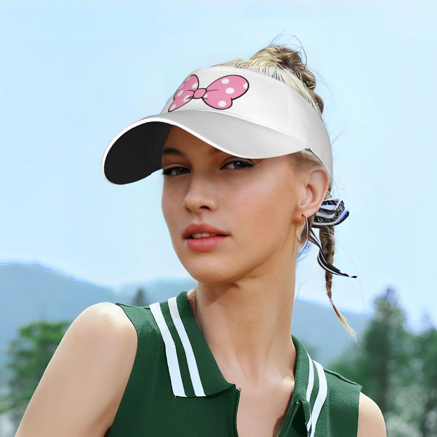 Cute Initials Sun Visor Cap for Women,Black Polka Dots Red Bow Wide Brim Sun Visor Hat Outdoor Running Golf