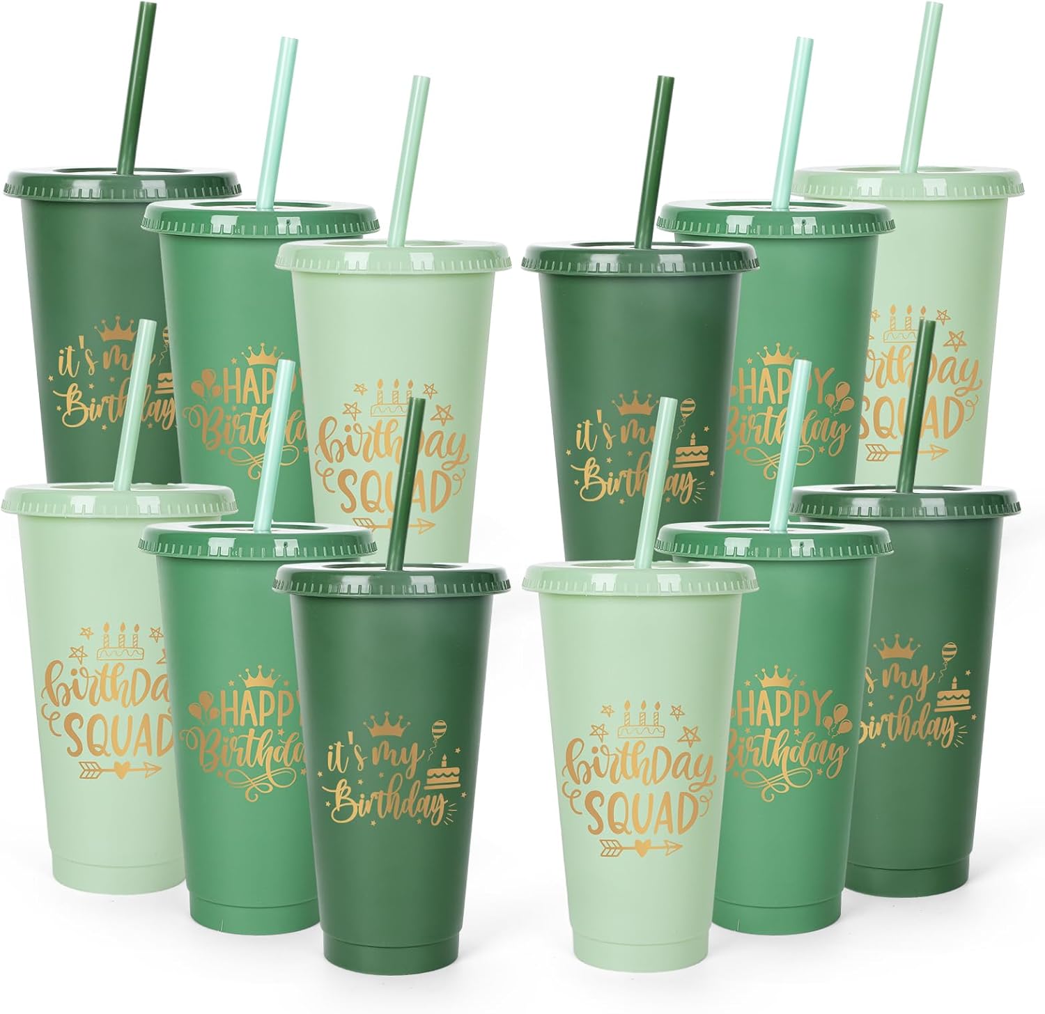 Whaline 12Pcs Sage Green Plastic Cups with Lids Straws Birthday Party Cups Gradient Green Reusable Tumbler Travel Mug Cup Drinkware Decor for Iced Coffee Beverage Drinks Party Supply, 24 Oz