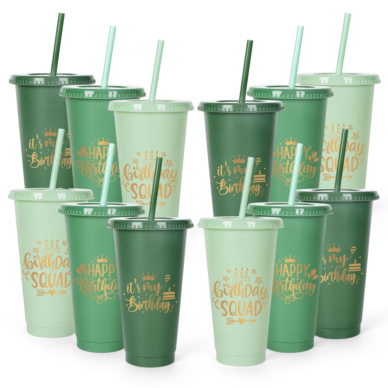 Whaline 12 bicchieri per feste di compleanno con coperchio, cannucce verde salvia, bicchieri in plastica verde sfumato, riutilizzabili, per caffè freddo, bevande, viaggi, 680,4 g