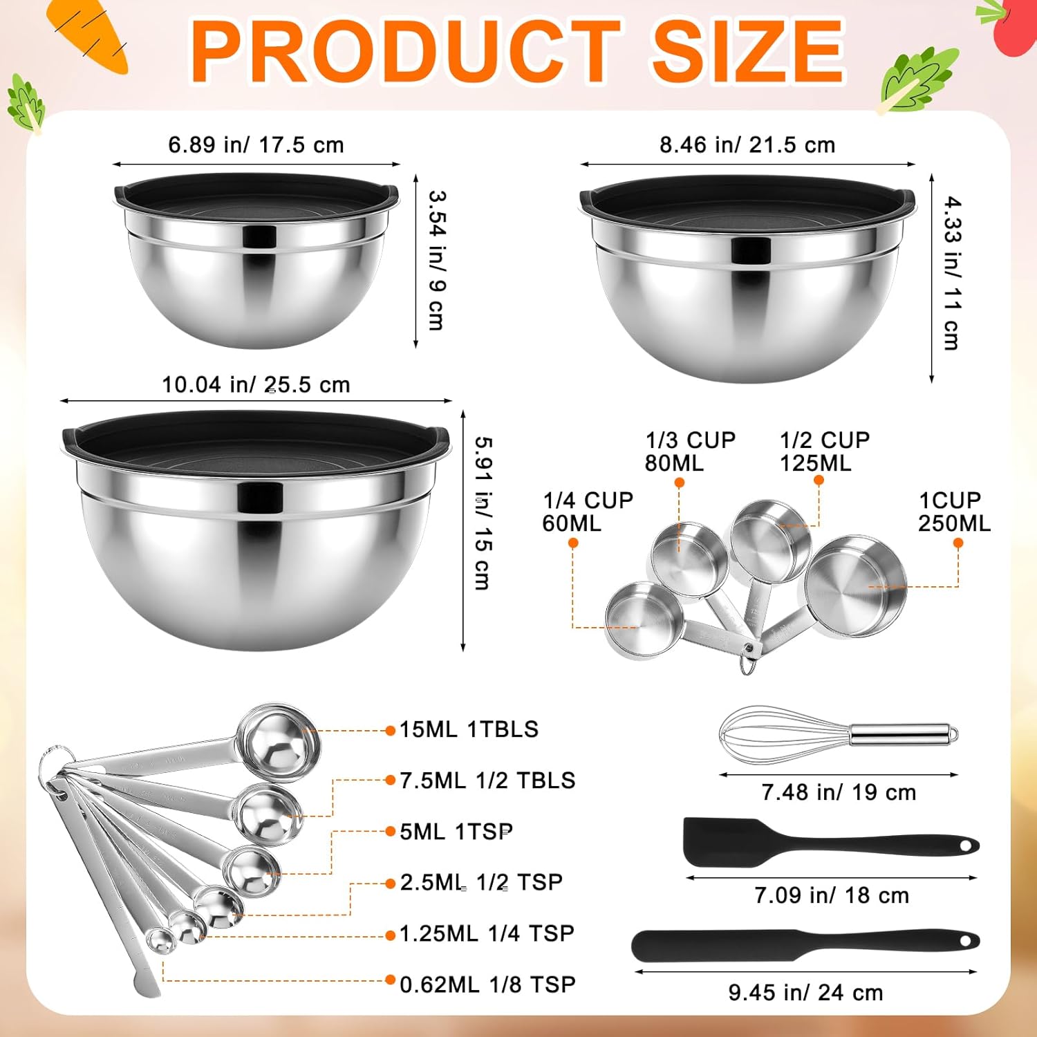 18 Pack Stainless Steel Mixing Bowls with Lids Set Includes Stainless Steel Measuring Cups and Spoons Wire Balloon Whisk Silicone Spatulas Suitable for Kitchen Cooking Baking(Black)