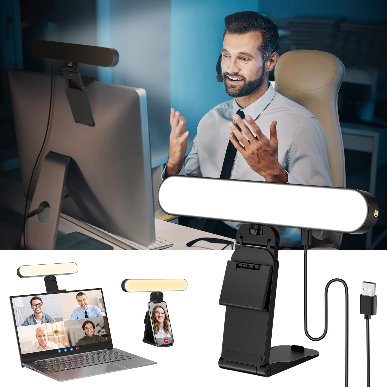 RealPlus Luz Monitor con Soporte Multifuncional, Control Remoto de 3 Luces y 10 Brillos, Iluminación de Videoconferencia para PC/Portátil/Teléfono Móvil/Reuniones Zoom/Oficina/Tiktok/Streaming/Regalo