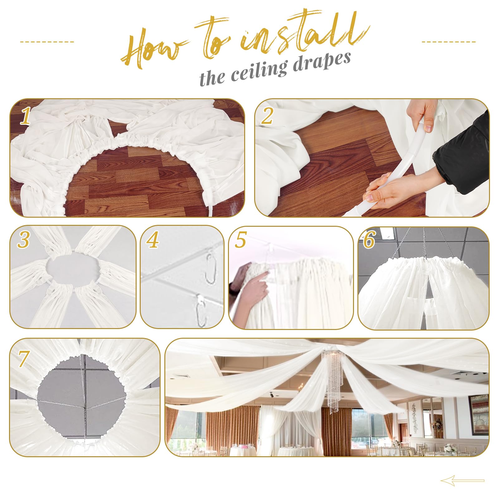 Lot de 4 rideaux de plafond en mousseline de soie transparente pour mariage, plafond, fête, cérémonie, scène, 1,5 x 3 m, ivoire