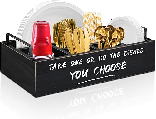 Miniatura 8 de Dispensador de platos de papel con cajón para encimera de cocina, soporte de platos de papel de madera con soporte grande para tazas, soporte de