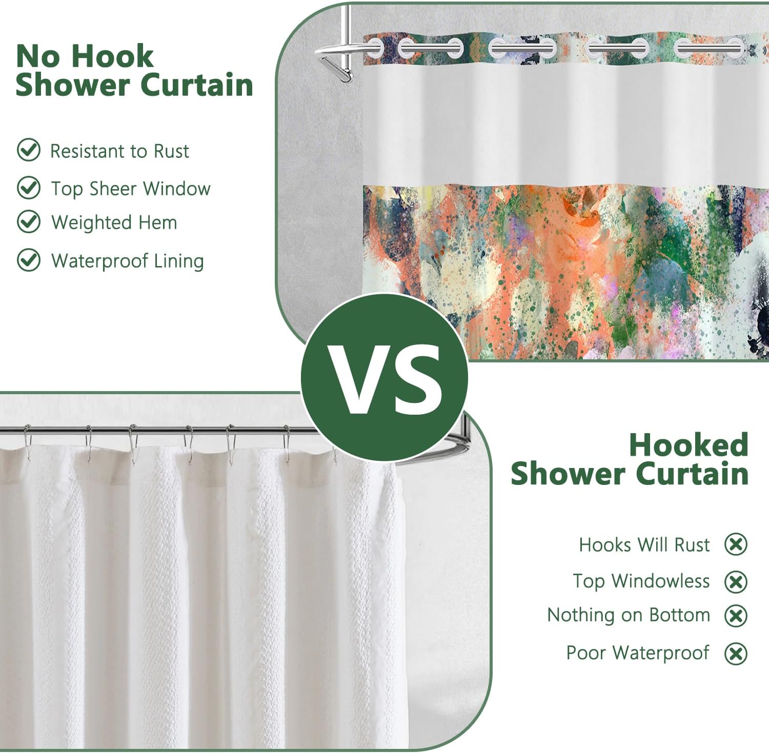 Abstract Colorful Shower Curtain with Snap in Liner, Hotel Style Waterproof Fabric Shower Curtain with Mesh Top Window, Watercolor Green Yellow Modern Aesthetic Bathroom Curtains Decor, 71x74 Inch