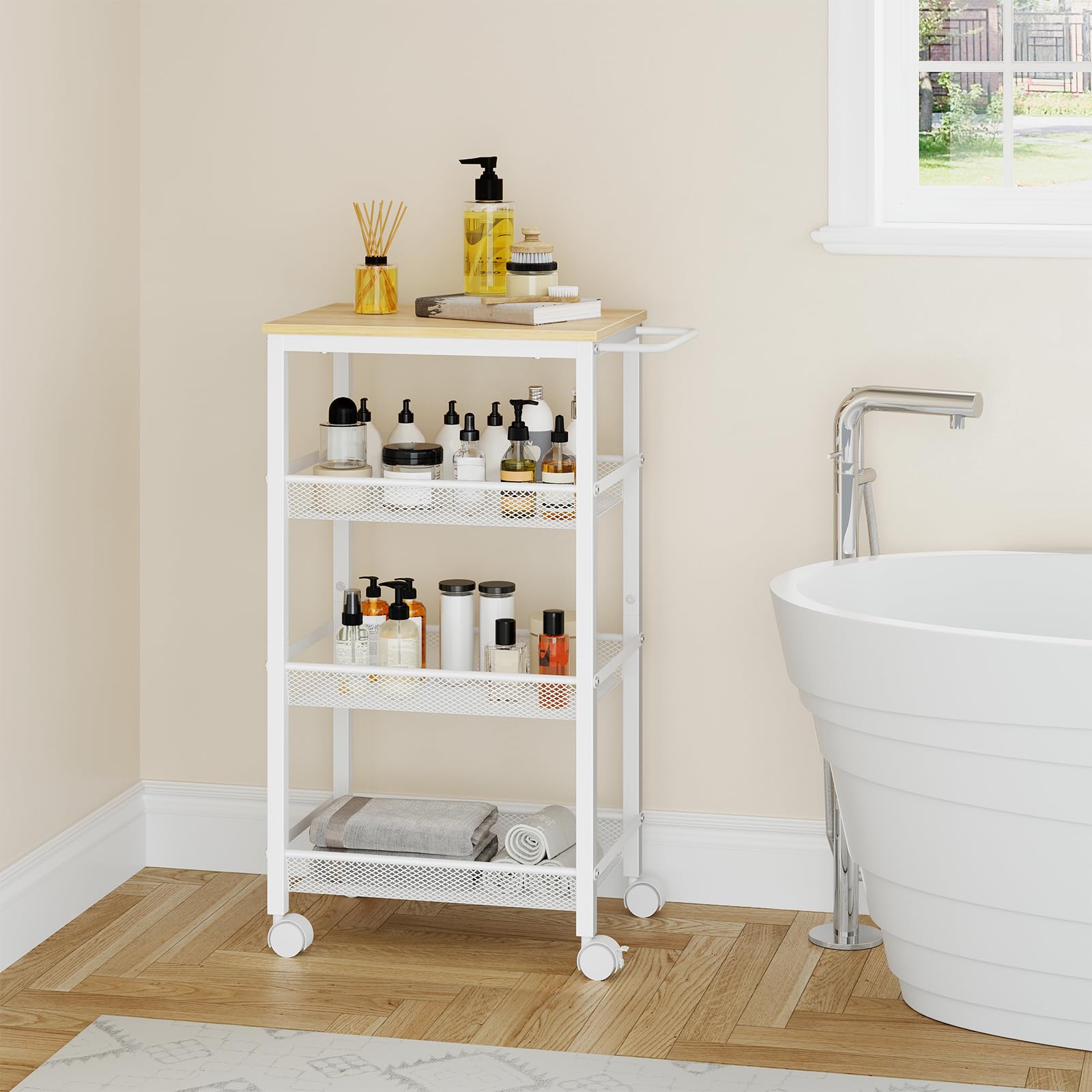 HOOBRO Chariot de Service à 4 Niveaux avec roulettes et Pieds Réglables, Chariot Mobile avec Barrières, Chariot de Cuisine, Chariot de Bar, pour Cuisine, Salon, Blanc et Couleur Bois EWN72TC01