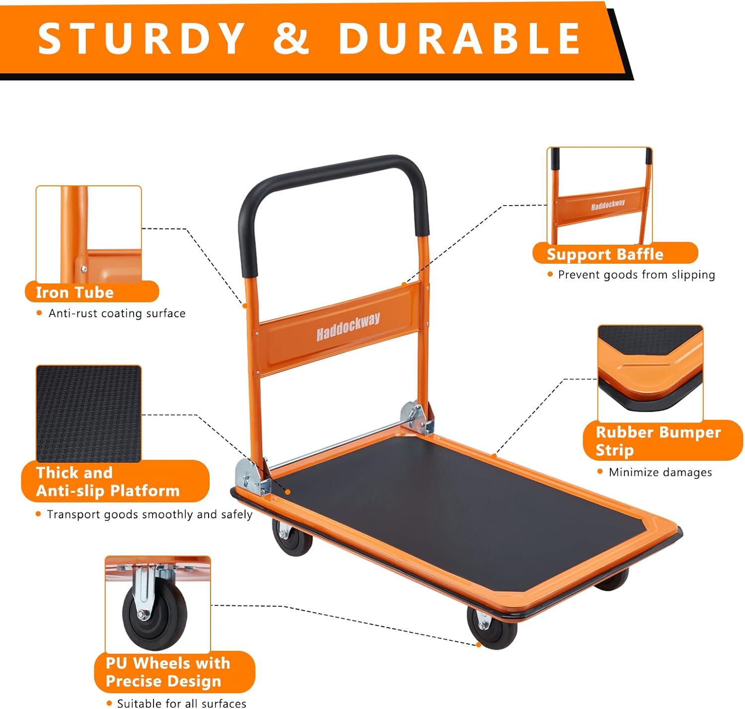 Haddockway Folding Push Cart Dolly Moving Platform Hand Truck with 360 Degree Swivel Wheels Portable Flatbed Cart with 660LBS Capacity for Garage Garden Home & Office Use Orange : Industrial & Scientific