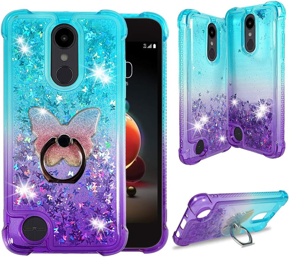 Zase Design for LG Aristo 3 2 Plus Case, LG Tribute Empire Dynasty, LG Fortune 3 2, LG Rebel 4 3 LTE, LG Zone 4, Phoenix 4 Liquid Glitter Bling Clear Case w/Cute Phone Ring (Gradient Aqua Purple)